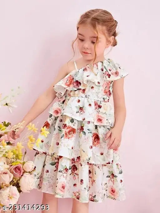 Female child in white dress with off-shoulder design, floral pattern and ruffled sleeves