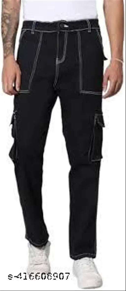 Black denim solid cargo pants, size 30 x 36 x 42 (India)