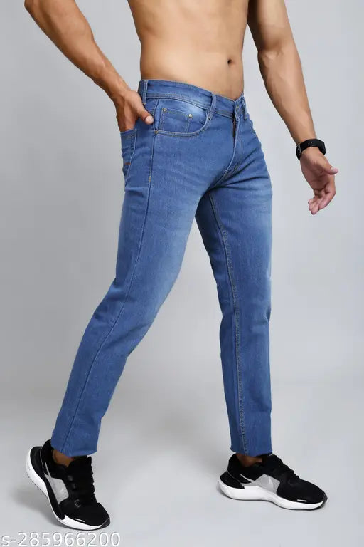 Light blue stretchable denim jeans for men, slim fit mid-rise with comfortable pockets. Made of quality fabric, perfect for casual wear or special occasions. India origin