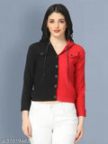 Black and Red Cotton Lycra Buttoned Jacket with Hoodie, colorblocked for women's fashion