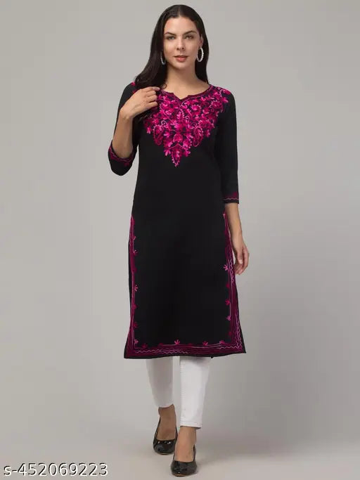 Black wool kameez with floral embroidery, long sleeve, side pocket