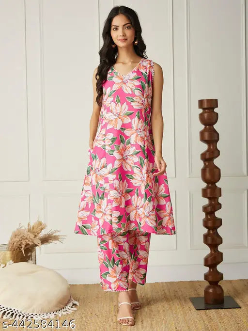 Printed CoOrds Set for Women in Green, Rust, Pink, Yellow - Sleeve-less Kurta with Palazzos, featuring a V-neck & floral lace pattern, perfect for various occasions from casual to special events, Made in India