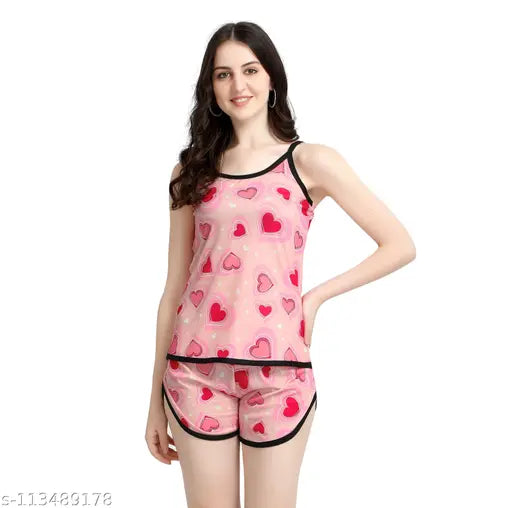 Baby pink cotton blend spaghetti top & short set, multicolor printed nightwear for women, India