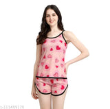 Baby pink cotton blend spaghetti top & short set, multicolor printed nightwear for women, India