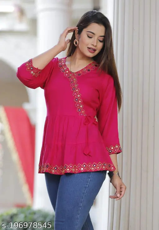Rayon mirror work short kurti, solid combo for girls' events. Close-up on three-quarter sleeve Indian top