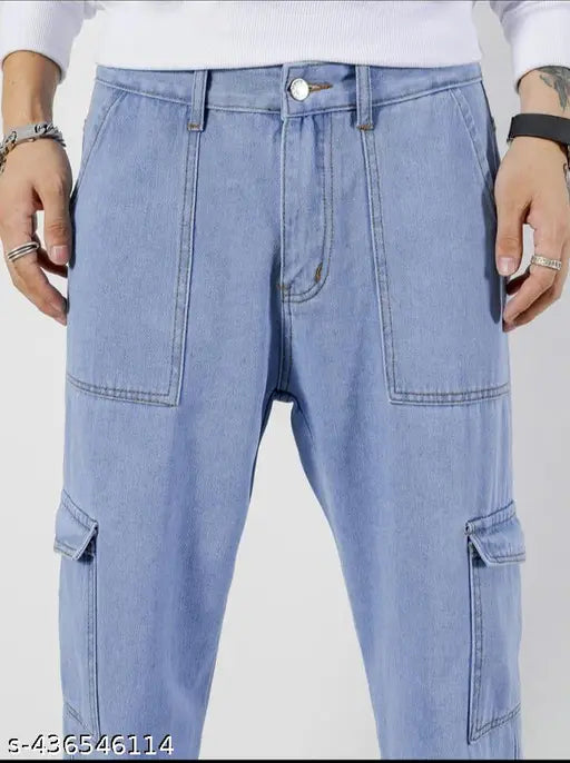 New mens oversized light blue cargo jeans