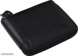 Black faux-leather bifold wallet, 4 card slots, RFID protected, solid pattern, free size (11cm x 2cm x 9.5cm), ethically sourced genuine leather