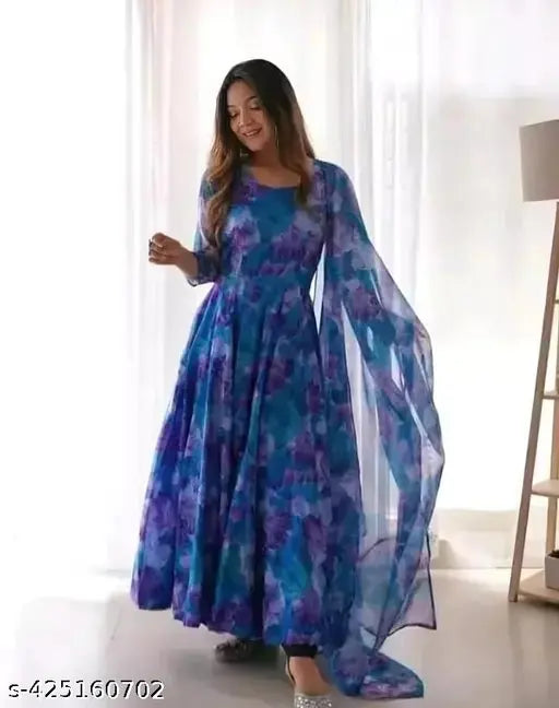 Georgette printed medha gown set with dupatta, three-quarter sleeves, Indian handcrafted fashion
