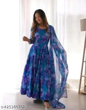 Georgette printed medha gown set with dupatta, three-quarter sleeves, Indian handcrafted fashion