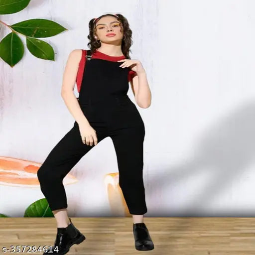 Denim high waist dungarees for women, sleeveless, solid pattern, stretchable, button closure