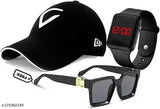White embroidered Virat baseball cap with black square LED band watch and black lens Badshah sunglasses combo (pack of 3) for men and boys, India-made sports accessory set