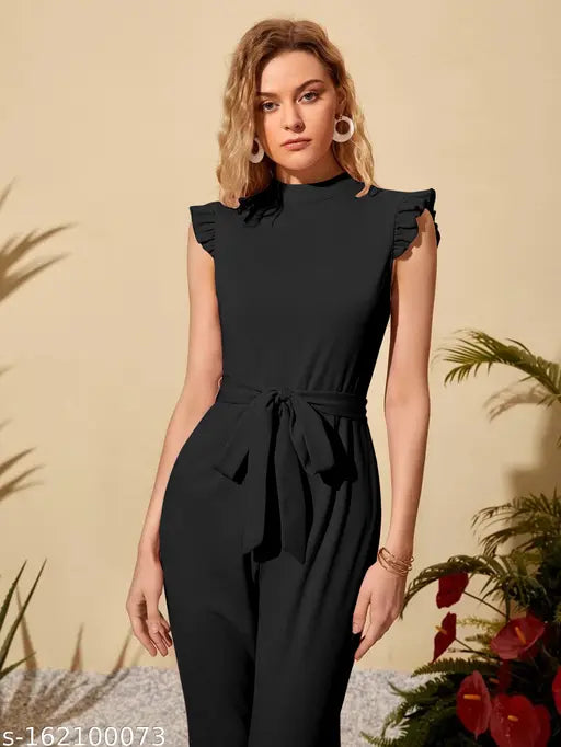 Polyester, self-belted mock neck ruffle cuff jumpsuit. Trendy wide leg design for evening parties or workwear