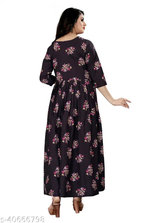 Black rayon long flared skirt with floral print