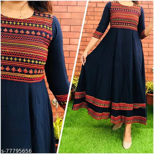 Blue embroidered rayon Anarkali kurti with three-quarter sleeves, perfect for festive or casual occasions. 4XL (Bust Size: 44 in, Length: 50 in) and 5XL (Bust Size: 46 in, Length: 50 in). Indian handcrafted