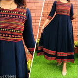 Blue embroidered rayon Anarkali kurti with three-quarter sleeves, perfect for festive or casual occasions. 4XL (Bust Size: 44 in, Length: 50 in) and 5XL (Bust Size: 46 in, Length: 50 in). Indian handcrafted
