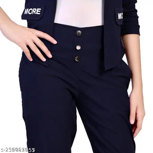 Navy blue printed casual dress set for girls, ages 4-15, with three-quarter sleeve koti and stretchable pants, cotton blend fabric, white printed T-shirt included, India origin