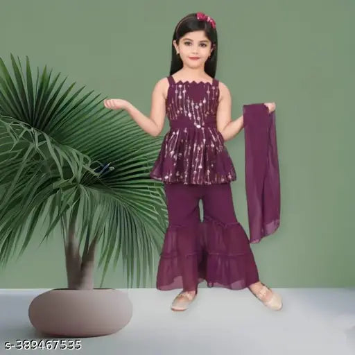 Embellished georgette kurta pyjamas in palazzos style for kids (12-18M, 18-24M, 1-2Y, 2-3Y, 3-4Y), Indian traditional clothing
