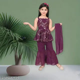 Embellished georgette kurta pyjamas in palazzos style for kids (12-18M, 18-24M, 1-2Y, 2-3Y, 3-4Y), Indian traditional clothing