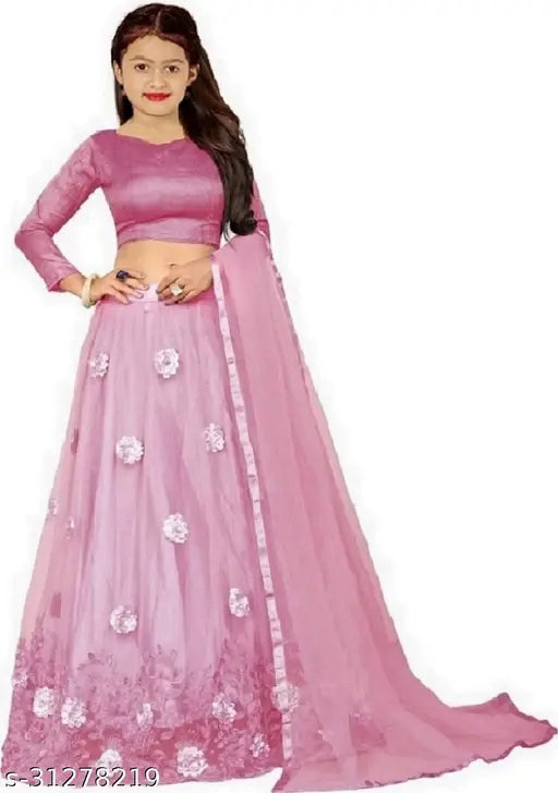 Classy kids girls lehenga cholis, semi-stitched net fabric with long sleeves, embroidered design in various colors, India origin