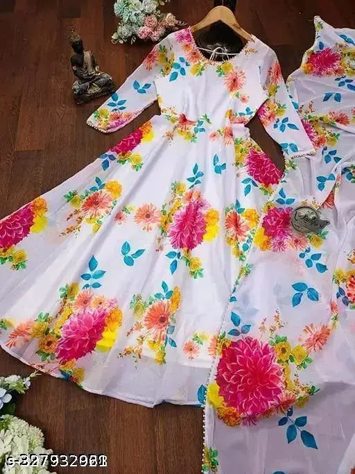 White georgette ladies gown with printed duppatta, ideal for office and casual wear, India origin