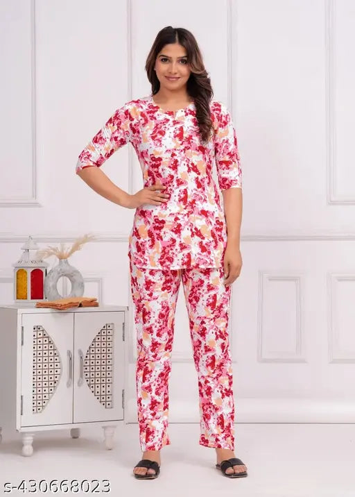 Rayon printed short-sleeve night suit set, vibrant pattern on display