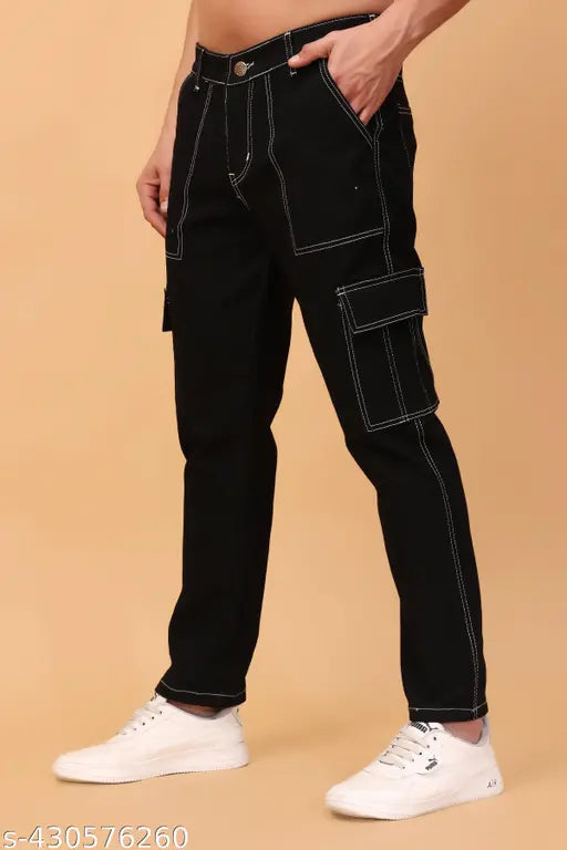 Black cotton-blend mid-rise jeans with six pockets, perfect for work and casual wear, featuring two cargo pockets on each thigh