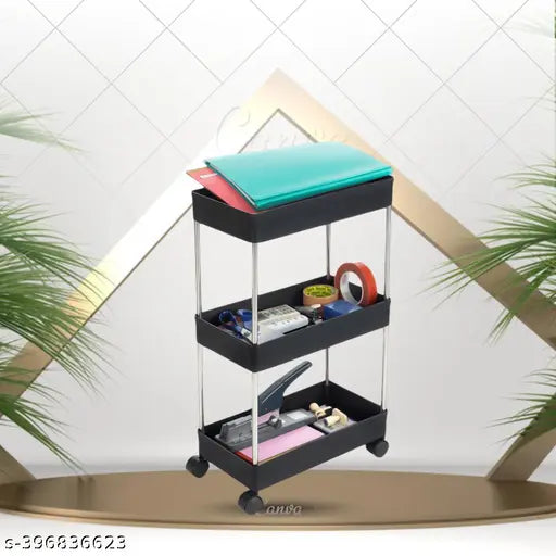 Black plastic three-shelf kitchen cart with wheels