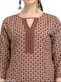 Multicolor cotton straight kurti, embroidered combo, lightweight, three-quarter sleeves. Ideal for casual events & outings. Made in India