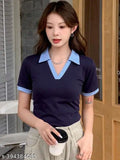 Contrast lycra short-sleeve half collar, solid net XL size from India