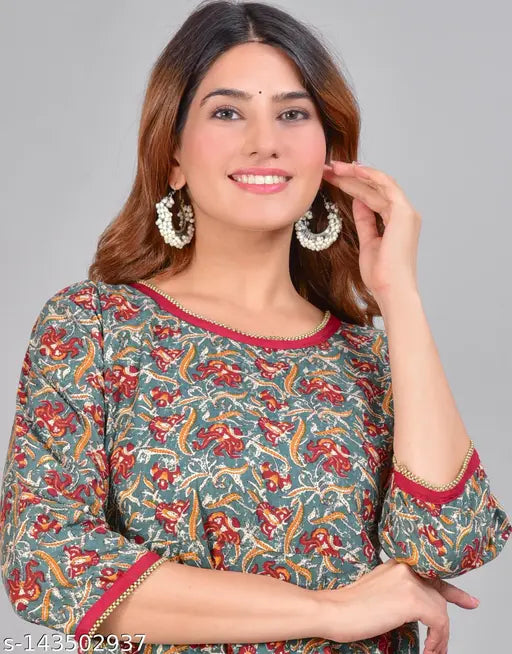 Indian style anarkali kurta, blue and red patterned cotton fabric, with long sleeves, round neckline, and a matching dupatta