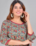 Indian style anarkali kurta, blue and red patterned cotton fabric, with long sleeves, round neckline, and a matching dupatta
