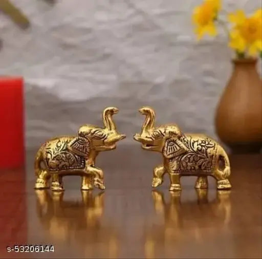 Metal elephant set (2) medium, symbolizing happiness, prosperity, & wisdom, for home, temple, office & gifting - size L8x2.5x6 cm, Indian origin