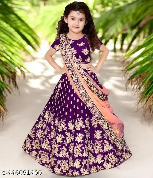 Embroidered cotton-silk lehenga choli for girls aged 0-15 years, Indian ethnic wear with satin lehenga and net dupatta