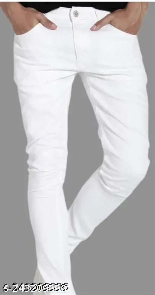 Men's white denim monk jeans, solid pattern, perfect fit for any occasion, size 28, 30, 32, 34, or 36 (India origin)