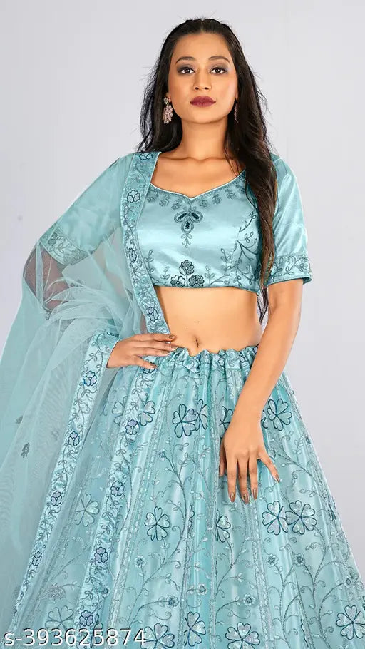 Elegant sky blue net semi-stitched Lehenga Choli with matching dupatta - Indian bridal wear featuring gold embroidery, perfect for weddings & events