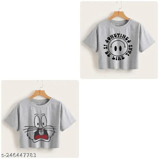 Premium cotton-blend short-sleeve women's t-shirts, printed with stylish design, available in sizes S, M, L, XL. Made in India