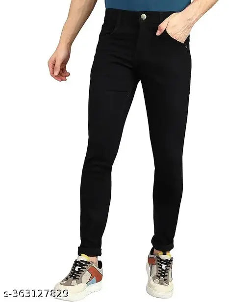 High-quality men's black denim jeans, tailored fit, solid pattern, size 28/30/32/34, made in India