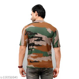 Men's army camouflage cotton blend short-sleeve t-shirt, printed net pattern, sizes: M (38in chest, 26in length), L (40in chest, 27in length), XL (42in chest, 28in length). Stylish Indian Army T-shirt for men