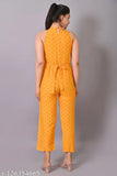Rayon sleeveless YOZZ BY Dot Print jumpsuit, vibrant printed net for women's fashion, size XL (bust 42in, length 50in, waist 36in), India origin