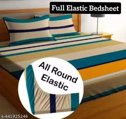 Glace Cotton striped Supersoft Fitted Queen size bedsheet set with elastic & 2 pillow covers, ideal for summer