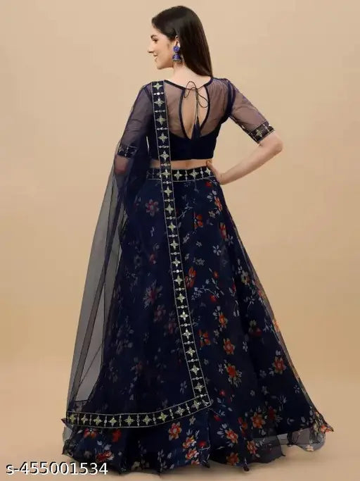 Elegant Organza printed lehenga-choli set, embroidered floral design on georgette fabric, semi-stitched (waist 42in, length 42in, dupatta 70in), Indian origin