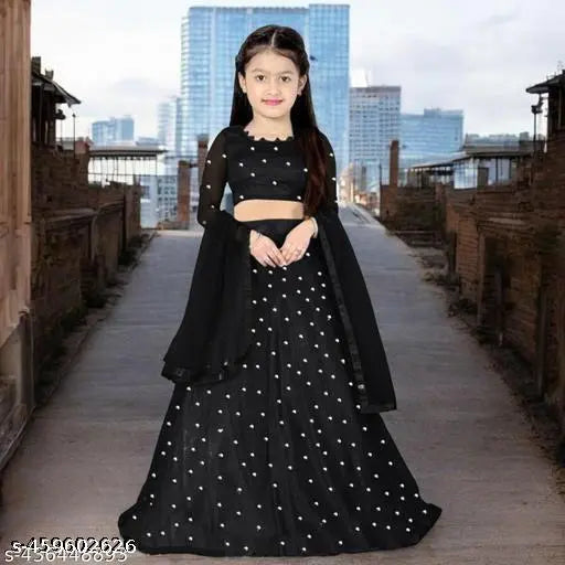 Embellished net and organza lehenga-choli set for kids, long-sleeved, Indian traditional wear, 0-15 years