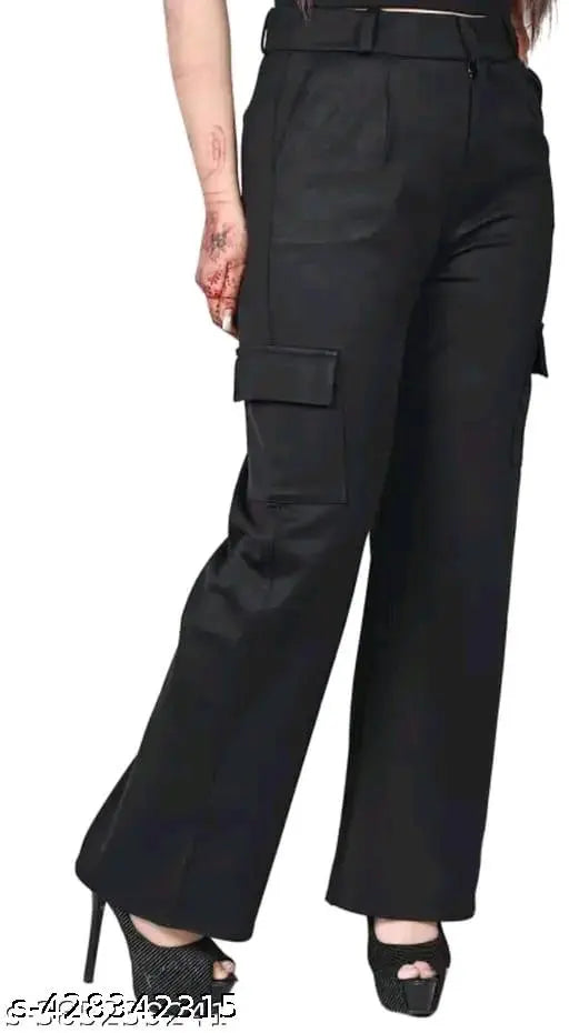 Black high-rise cargo trousers with four pockets, women's fashion, straight-cut design
