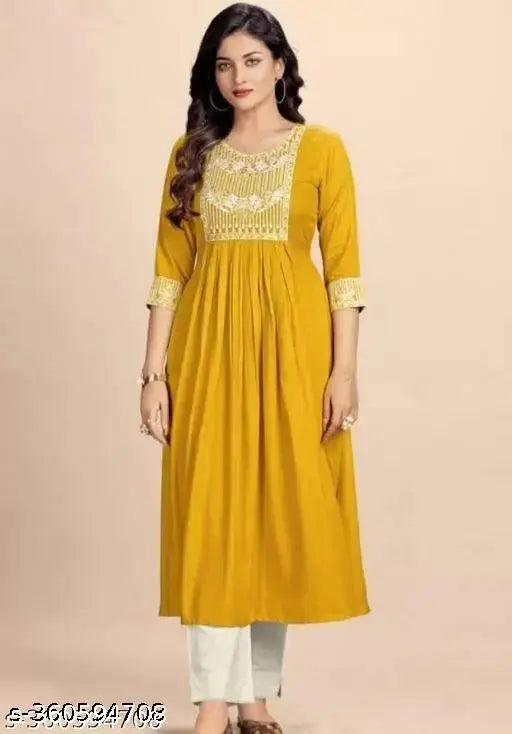 Mustard Rayon Nera Cut Kurta with beautiful Indian embroidery, three-quarter sleeve length 18", emphasizing the product type, color, material, and a keyword ('Indian embroidery')