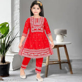 Red rayon girls' pajama set with embellished top and palazzo bottoms (Sizes: 0-3M, 0-6M, 6-12M, 12-18M, 18-24M, 1-2Y, 2-3Y, 3-4Y, 4-5Y, 5-6Y, 6-7Y, 7-8Y; Country of Origin: India)