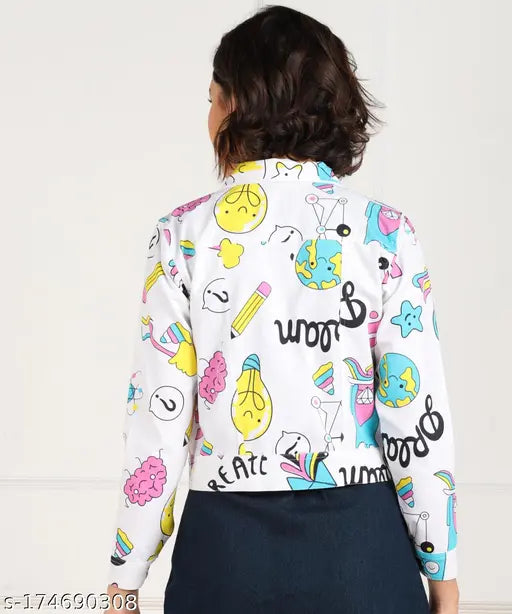 Printed cotton denim twill jacket with long sleeves, white on contemporary woman, Indian origin