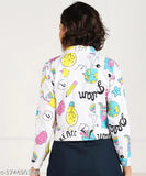 Printed cotton denim twill jacket with long sleeves, white on contemporary woman, Indian origin