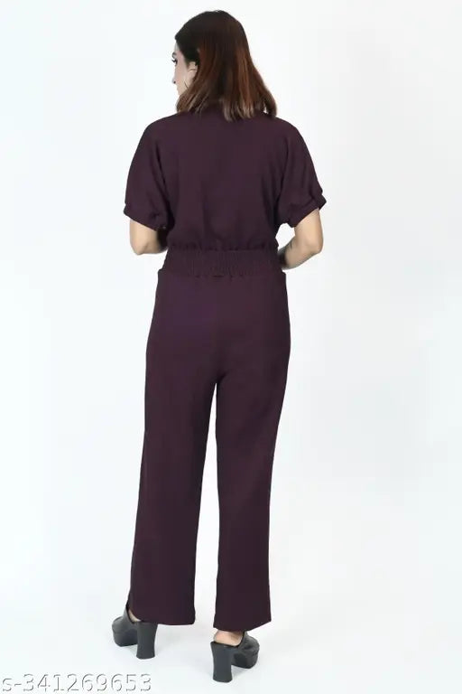 Wine red stretchable jumpsuit, women's plus sizes, soft & comfy polyester, designer look