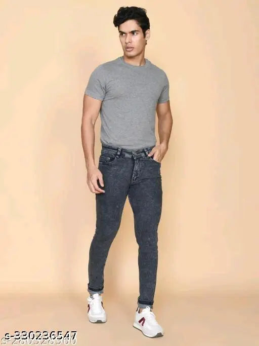 Men's grey slim-fit cotton blend jeans, trendy denim with dyed/washed finish, available in sizes 24, 26, 30, 32, 34, 36. Made in India