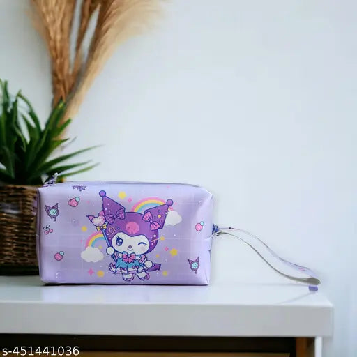 The image features a purple pouch with a Sanrio character, decorated with various patterns. It is adorned with a zip closure and has multiple pockets for storage. This cosmetic bag would be suitable for organizing toiletries or makeup items, particularly within a travel or grooming context